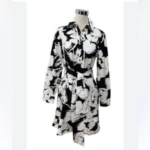 Diane Von Furstenberg Floral Half Button Down Tie Shirt Dress Black and White 4